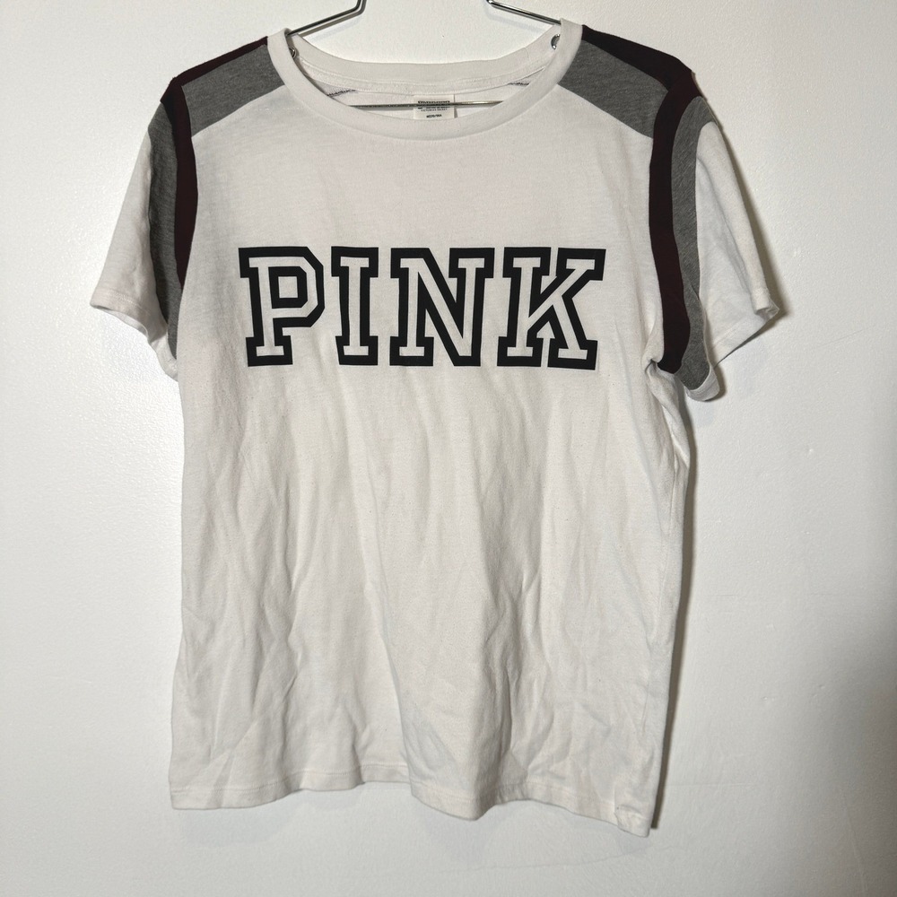 PINK Victoria's Secret T-Shirt Women Medium White Colorblock Logo Tee